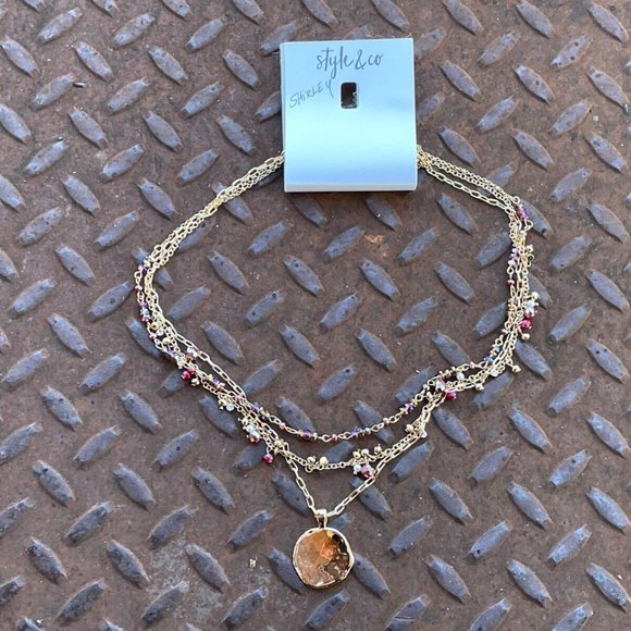 Style & Co. Necklaces Gold plated Multi Rows Faceted Beads Hammered Coin Pendant - Picture 11 of 12